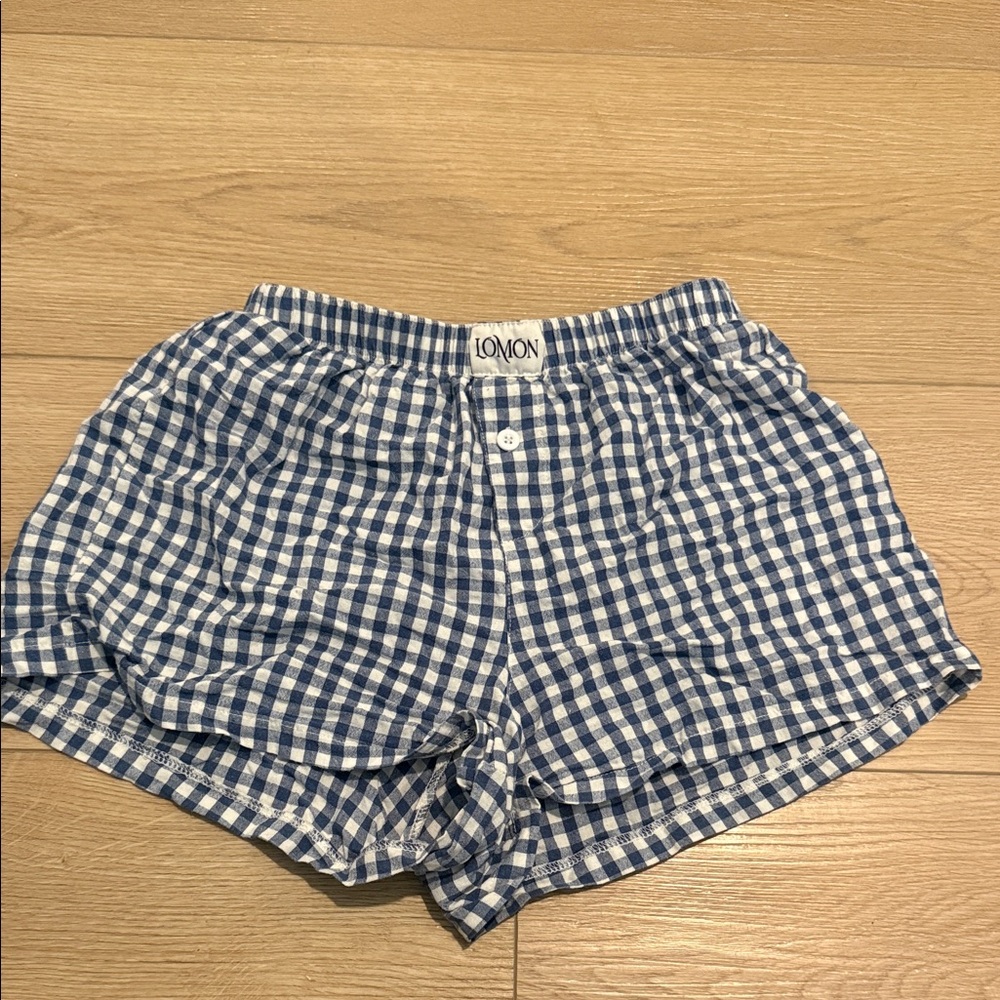 Lomon Blue Checkered High Waist Women's Shorts
